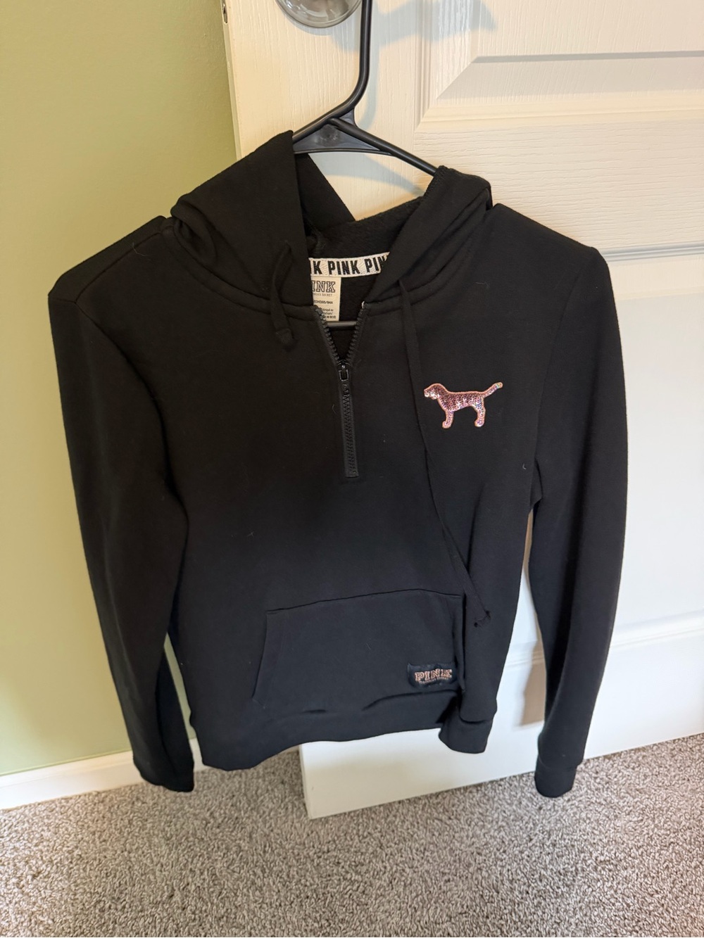 PINK Victoria's Secret Black Half-Zip Hoodie with Pink Sequin Dog Patch